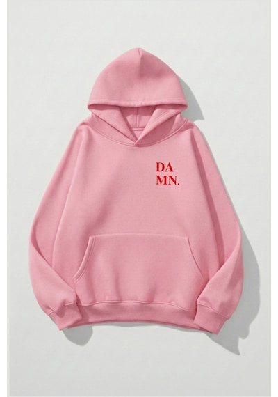 Uyguntarz Unisex Yumuşak Dokulu Damn. Baskılı Tasarım Oversize 3 İplik Hoodie Sweatshirt Pembe