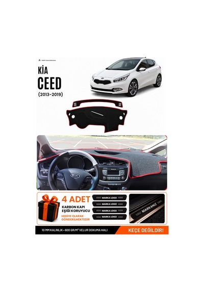 Kia Ceed 2013-2019 Uyumlu Torpido Koruma, Torpido Örtüsü, Torpido Kılıfı - Siyah Kırmızı