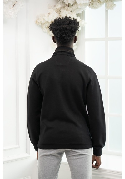 San&Fa Regular Fit Biyeli Fermuarlı Dik Yaka Armürlü Pamuklu Sweatshirt Siyah