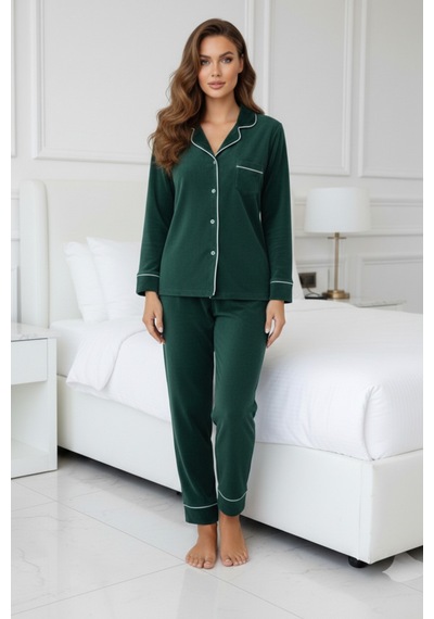 Kadın Kadife Boydan Düğmeli Şerit Detaylı 2'li Pijama Takım ZÜMRÜT