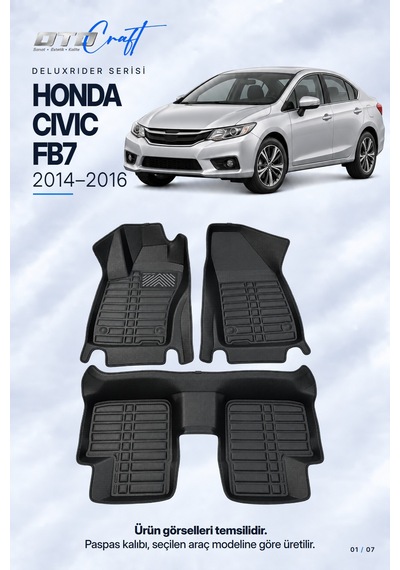 Otocraft Honda Civic Fb7 2014-2016 Araca Özel Deluxrider Lüks Havuzlu Paspas Tam Set 3 Parça