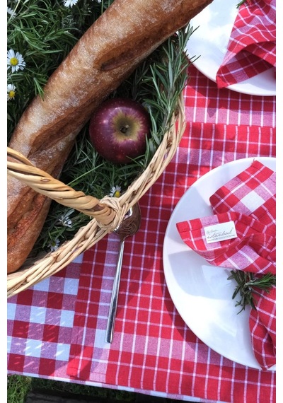 İyi Geceler %100 Pamuklu Happy Days Minimal Doğal Ahşap Ekmek Sepetli Sofra Ve Piknik Seti 7 Parça - Kırmızı