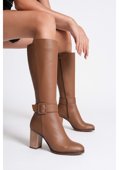 Analin Shoes Kadın Hakiki Deri Toka Detaylı Topuklu Çizme Ceviz