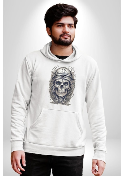 Kask Miğfer İskelet Asker Kadın Erkek Beyaz Kapüşonlu Sweatshirt Hoodie Beyaz