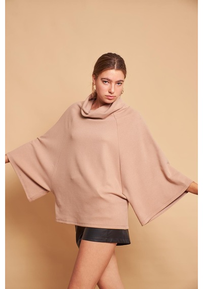 Jument Degaje Yaka Balıkçı Yarasa Model Rahat Kesim Oversize Triko Bluz-koyu Bej K.bej