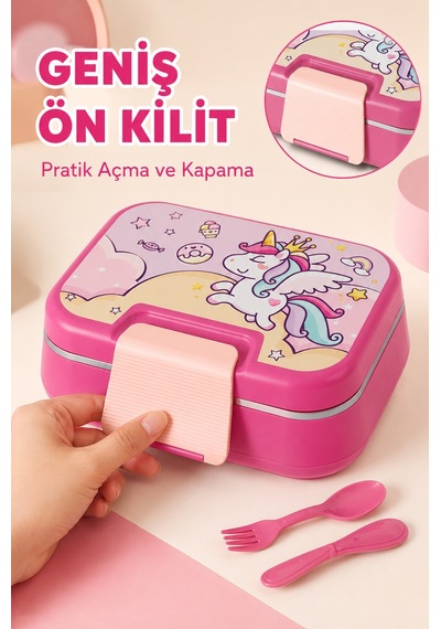 Happi Unicorn Paslanmaz Çelik Bölmeli Beslenme Kutusu 1030 Ml Çatal Kaşık Dahil Pembe