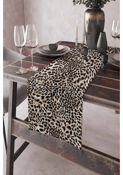 Bej Leoparlı Desen Premium Masa Örtüsü Runner Rnr050n11