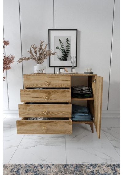 Simple 4 Çekmeceli 1 Kapaklı Modern Şifonyer Ceviz Ceviz