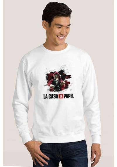 La Case De Papel Dali El Baskılı Beyaz Erkek Örme Sweatshirt