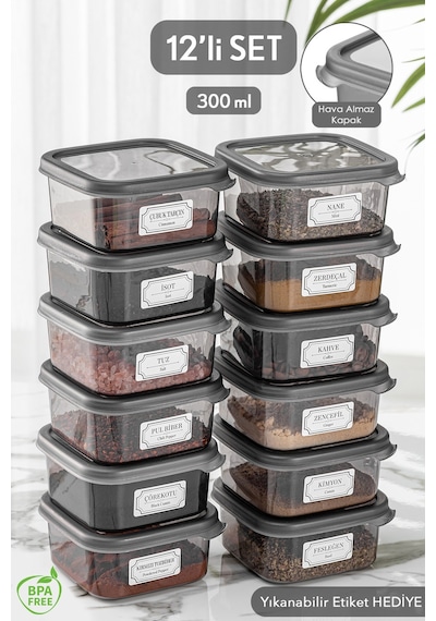 Meleni Home 12'li Kapaklı Kare Erzak Saklama Kabı Seti Baharatlık Seti Etiketli 12x 300 Ml Antrasit