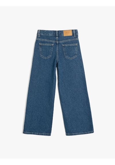Koton Taş Detaylı Geniş Paça Cepli Pamuklu Kot Pantolon - Wide Leg Jean Orta İndigo 5skg40052ad Indigo