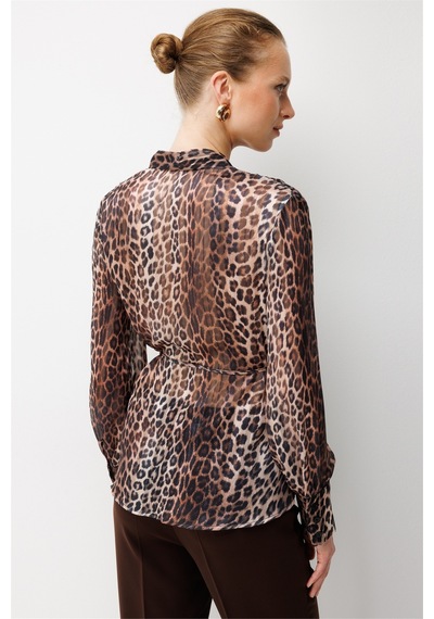 Ekol Kadın Leopar Desenli Bağcıklı Bluz Leopar