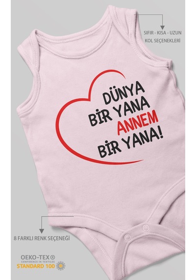 Morivokids Dünya Bir Yana Annem Bir Yana Sıfır Kollu Bebek Zıbını %100 Pamuk Bebe Pembe