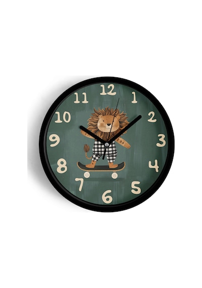 Kaykay Yapan Sevimli Aslan Çocuk Odası Modern Duvar Saati - 25cm - Önü Camlı Siyah Kasa-jh0224 Siyah