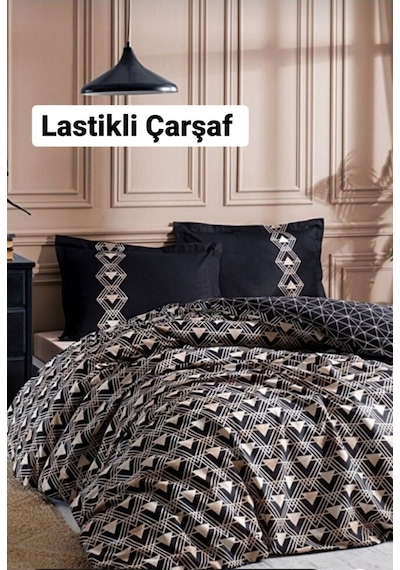 Çift Kişilik Çarşafı Lastikli Nevresim Takımı Ouro Siyah Siyah