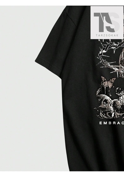 Startmore Grunge Punk Kafatası Baskılı Erkek Günlük Yuvarlak Yaka Tişört Siyah