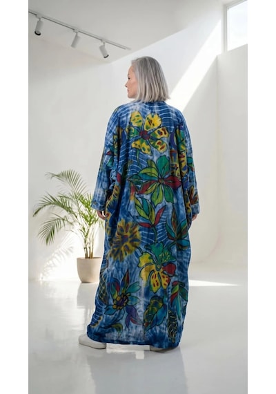 Byemelika %100 Pamuk, Bürümcük, Lastik Detay, Bohem Lidya Kaftan Beyaz Mavi