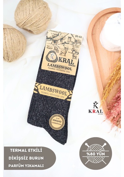 Kral Socks Dikişsiz Tasarım Lambswool Yünlü Kışlık Erkek Çorap Siyah