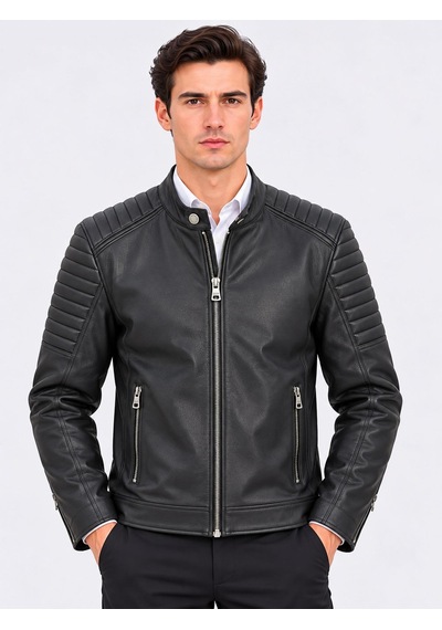 Classics Men Delpino Slim Fit Erkek Suni Deri Ceket - 7828 Siyah