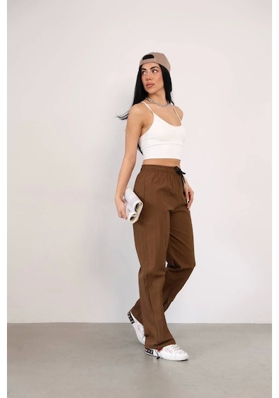 Praşut Kumaş Paça Cepli Baggy Eşofman - Kahve Kahve
