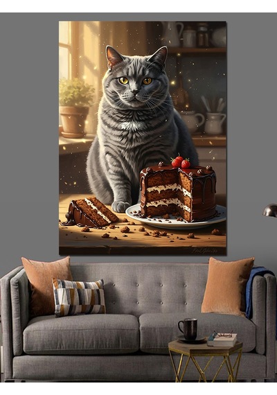 Ahşap Tablo Pasta Yiyen Gri Kedi