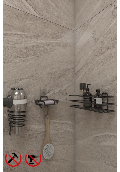 Alper Banyo Yapışkanlı Siyah TŞ01 Banyo Rafı Yapışkanlı Sabunluk Kare Fön Makinesi Askısı Siyah