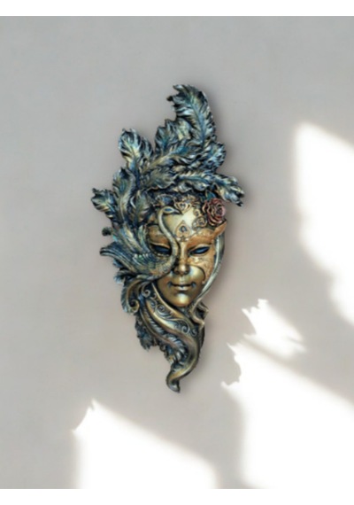 Tavus Kuşu Maskeli Kadın Duvar Mask Kahve Bronz Dekoratif Duvar Maskesi El Yapımı Maske Sanat Eseri