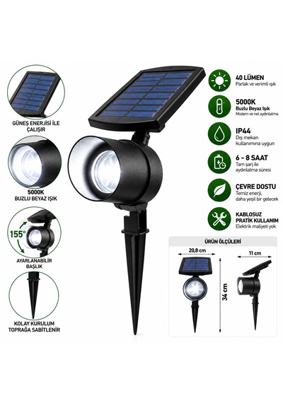 Solar Led Bahçe Spotu 40 Lümen 5000k Beyaz Işık Kazıklı Çim Ve Peyzaj Aydınlatma