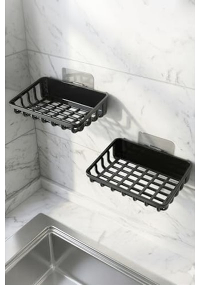 2&apos Li Set Yapışkanlı Banyo Sabunluk, Katı Sabun Tutacağı, Lavabo Mutfak Katı Sabunluk Süngerlik Siyah Siyah 000 Açık Krem