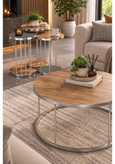 Sulorahome Ceviz Desenli Kahverengi 4'lü Sehpa Seti Gümüş Metal Ayaklı