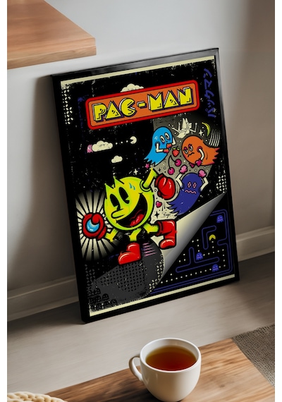 Pac-man Siyah Ahşap Çerçeveli Poster, Dekoratif Oyun Duvar Tablosu