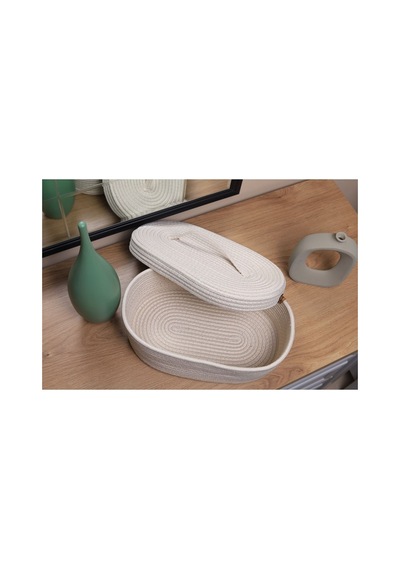 Hasır Jüt Sepet Oval Kapaklı Organizer Düzenleyici 30x20x10 Cm Ekru Ekru