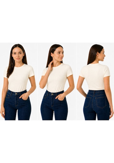İngegno Body Bisiklet Yaka Yarım Kol Örme Kumaş Viskon Body Kadın Ekru