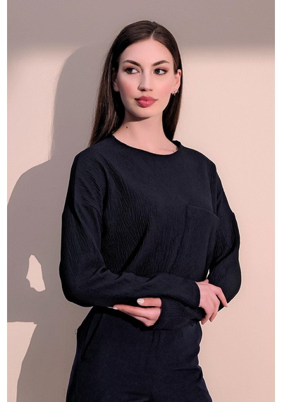 WeShaya Kadın Lacivert Kendinden Dokulu Cepli Crop Sweatshirt, Salaş Kesim Lacivert