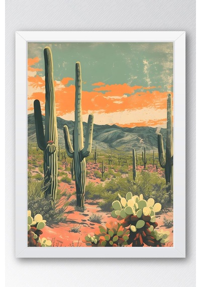 Saguaro Kaktüsü Ve Çöl Bitkileri Çerçeveli Tablo - Pop Art Poster Tablo