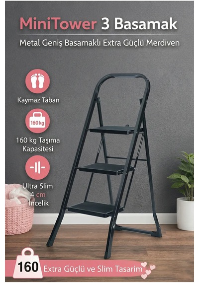 Minitower 3 Basamaklı Metal Merdiven - Ekstra Güçlü Siyah 3basamaklı