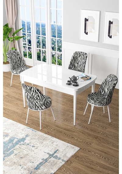 Canisa Kor Serisi 70x114 Açılabilir Mutfak Masası Takımı Beyaz Masa 4 Zebra Desen Sandalye Zebra Canisa Kor Serisi 70x114 Açılabilir Mutfak Masası Takımı Beyaz Masa 4 Zebra Desen Sandalye Zebra
