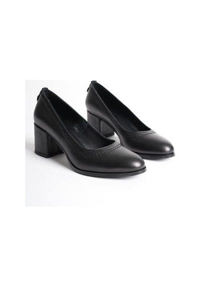 Analin Shoes Kadın Hakiki Deri Dikiş Detaylı Günlük Kalın Topuklu Ayakkabı Siyah
