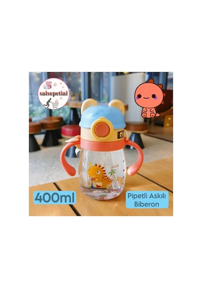 400ml Dinozor Figürlü Pipeti Suluk Bebek Matara Askılı Sevimli Su Şişesi Bebek Pipetli Biberon Mavi