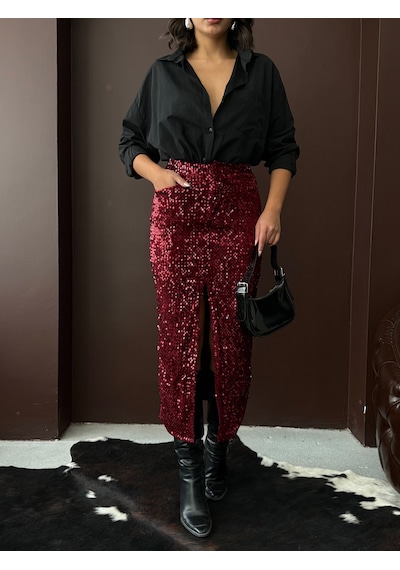 Verymoda Pullu Kadife Uzun Etek F2053 Bordo