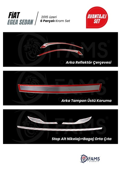 Fiat Egea 2015-2019 Sedan 6 Parça Krom Set Arka Tampon Üstü Koruma Yazılı + Stop Alt Nikelajı+bagaj Orta Çıta + Arka Reflektör P.çelik