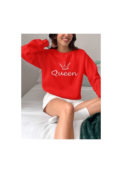 Magors Stıl-x Queen Baskılı Bisiklet Yaka Oversıze Üç İplik Şardonlu Sweatshırt Kırmızı