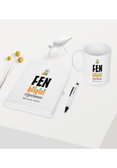 Kişiye Özel Fen Bilgisi Öğretmeni Temalı Beyaz Defter Kalem  Kupa