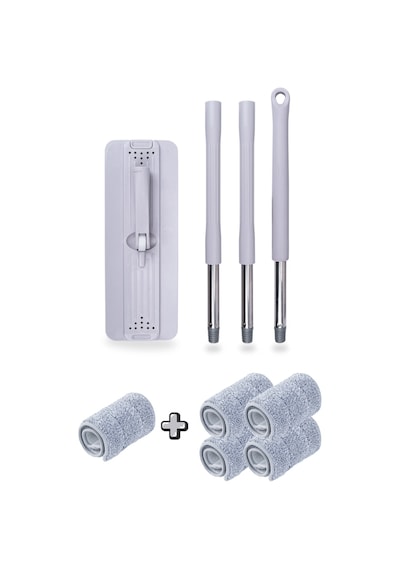 Trio Tablet Mop Seti 14 Lt Gri, 3 Hazneli Yıkama Durulama Kurulama Temizlik Seti + 4 Mikrofiber Mop