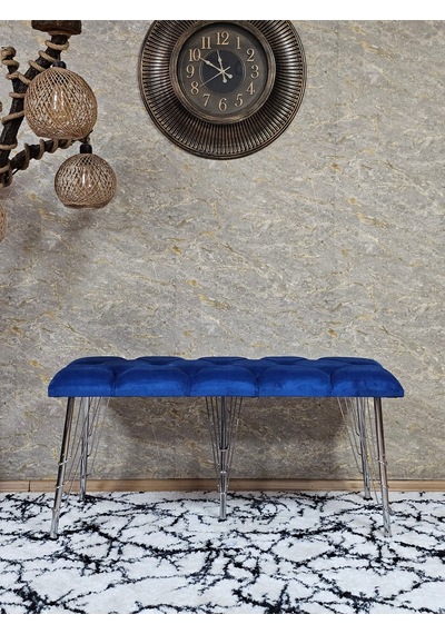 Zafir Metal Krom Tel Ayaklı 100 Cm Puf Bench - Puf - Bench - Oturak - Mutfak Oturağı - Antre Oturağı Mavi
