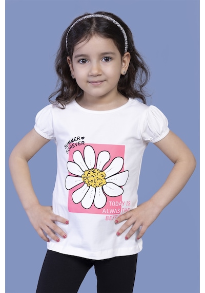 Toontoy Kids Toontoy Kız Çocuk Papatya Baskılı Taş İşlemeli Tişört Ekru