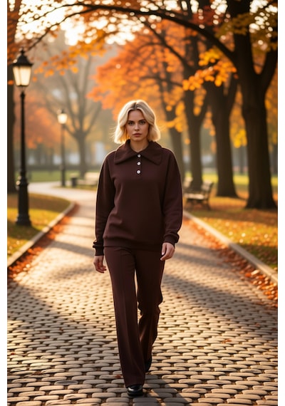 Benerly Kadın Polo Yaka Düşük Kol Örme Sweatshirt Fonksiyonel Dayanıklı K Kahverengi