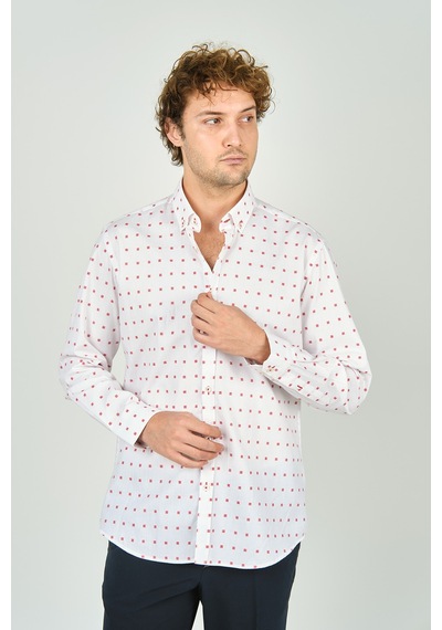De Leone Erkek Slim Fit Uzun Kollu Desenli %100 Pamuk Gömlek 2043 Kırmızı Kırmızı