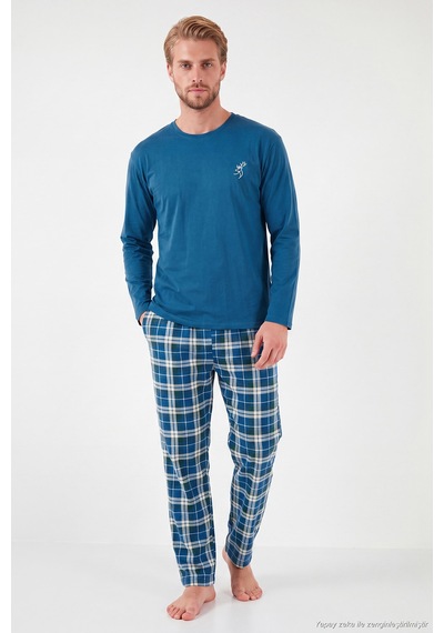 Buratti Ekoseli Pamuklu Bisiklet Yaka Uzun Kollu Pijama Takımı Erkek Pijama Takımı 6575003 İndigo