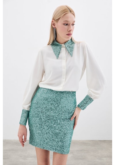 Sateen Payetli Mini Etek - Mint-135368 Mint